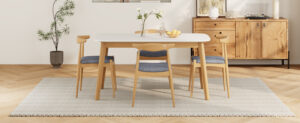 5-Piece Mid-Century Modern Dining Set - Solid Wood Frame Table + 4 Beige Upholstered Chairs(White Oak+Gray)