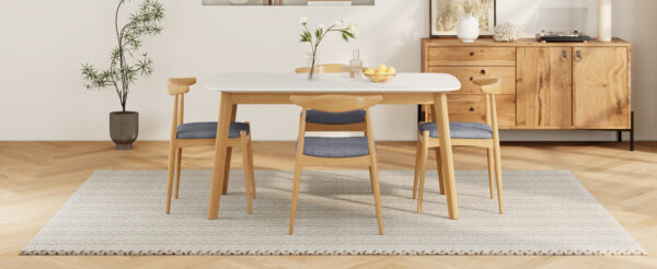 5-Piece Mid-Century Modern Dining Set - Solid Wood Frame Table + 4 Beige Upholstered Chairs(White Oak+Gray)