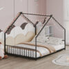 Full size children's bed frame with LED light strips, roof-shaped iron frame bed, Black,78.5" L x 55.9" W x 58.4" H.
