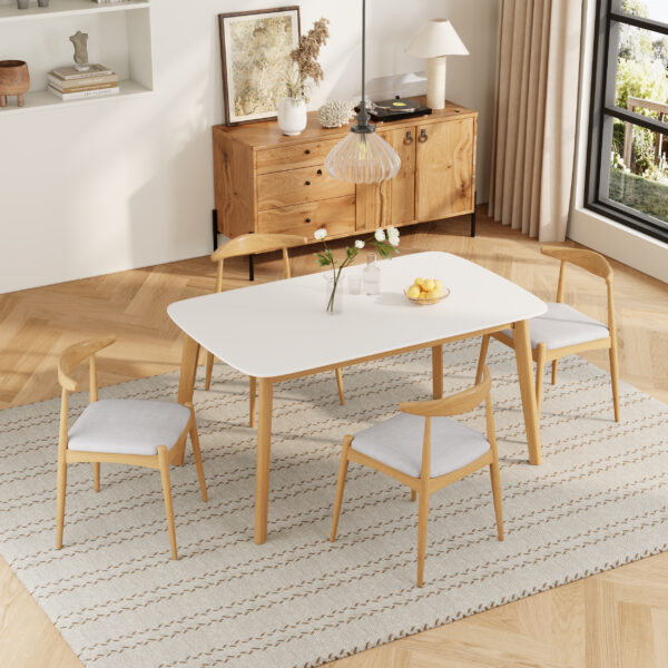 5-Piece Mid-Century Modern Dining Set - Solid Wood Frame Table + 4 Beige Upholstered Chairs(White Oak+Beige)
