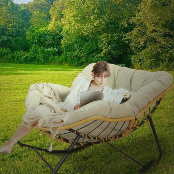 Outdoor Rocking Chair, Patio Egg Rocking Chair, Indoor Papasan Chair, Rattan Wicker Lounge Chair, Modern Royal Chair for Bedroom, Living Room, Porch, Garden,Lawn-Beige