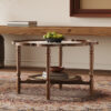 Mid-Century Style Coffee Table with Petal Shape and White Crackle Pattern Glass, 2-Tiered Coffee Table with Rattan, Walnut, 31.5"