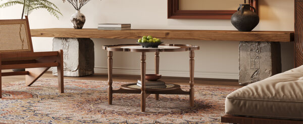 Mid-Century Style Coffee Table with Petal Shape and White Crackle Pattern Glass, 2-Tiered Coffee Table with Rattan, Walnut, 31.5"