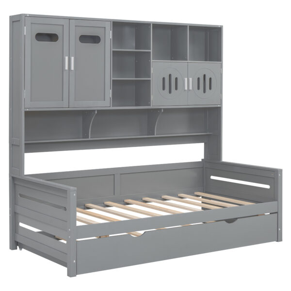 Twin Size Wooden Daybed With Twin Size Trundle, and All-in-One Cabinet and Shelf, Gray