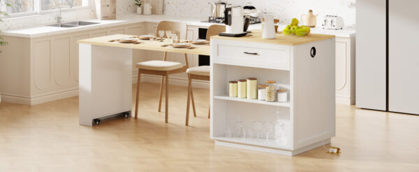 K&K 82.7 inch Kitchen Island with Extendable Dining Table for 4-6 Person,Two-tone Kitchen Table with Double-sized Storage, Power Outlet, Kitchen island with Storage 2 Drawers 2 Side Open Shelves,White