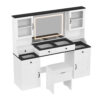 61.5" Farmhouse Vanity Desk with Mirror and LED Lights, Dressing Table with 5 Drawers and 4 Cabinets, Makeup Vanity Table Set with Glass Visual Desktop and Cushion Stool, for Bedroom