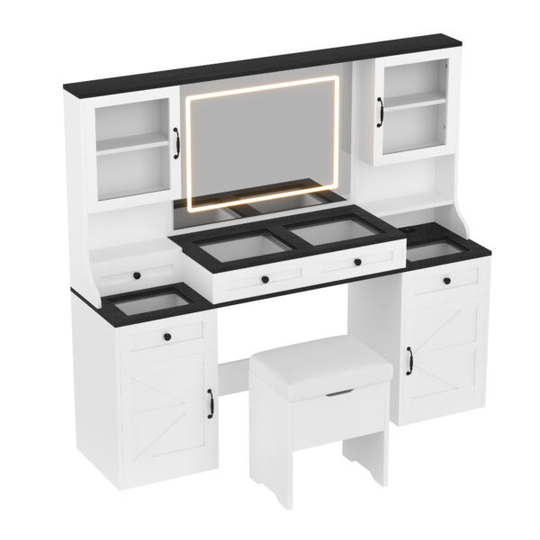 7c4c2525b73d497399b604f6fa88dace_7b6c4cc9891b88d9505d403fa9b936be 61.5" Farmhouse Vanity Desk with Mirror and LED Lights, Dressing Table with 5 Drawers and 4 Cabinets, Makeup Vanity Table Set with Glass Visual Desktop and Cushion Stool, for Bedroom