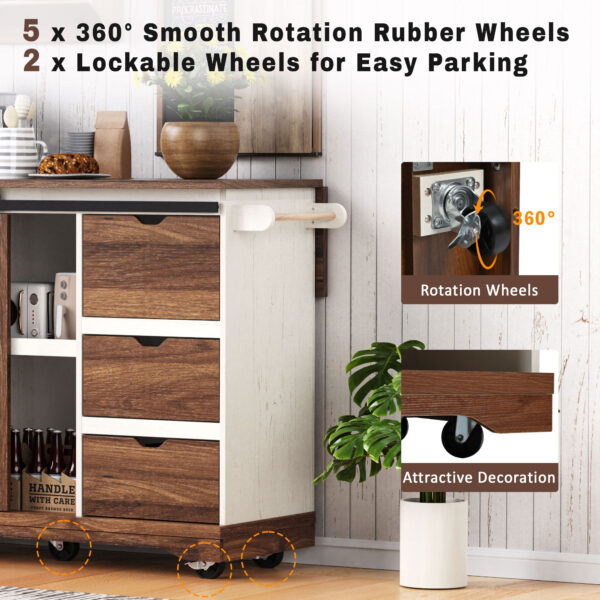 K&K 55.5" Farmhouse Kitchen Island with Drop Leaf, Kitchen Storage Island with Barn Door, Power Outlet, Rolling Kitchen Cart on Wheels with Spice Rack, for Home, Kitchen, Dining Room, White