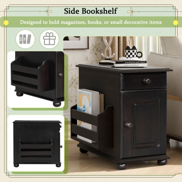 U-Can Vintage End Table Flip Top Side Table with USB Ports, One Multifunctional Drawer with cup holders, Sofa Couch Table with Bookshelf for Living room and Small Space