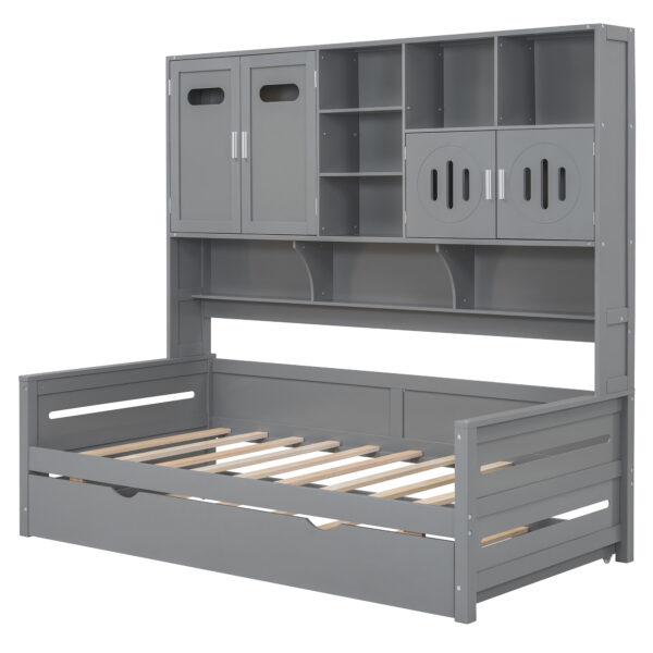Twin Size Wooden Daybed With Twin Size Trundle, and All-in-One Cabinet and Shelf, Gray