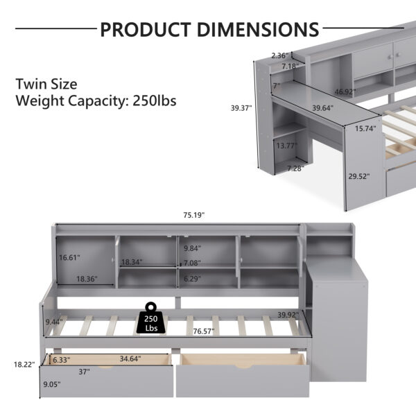 Twin Size Daybed with Storage 3 Cabinets and 2 Drawers, Wooden L-Shape Daybed Frame with Study Desk and Built-in Bookshelf, Multi-functional Bed for Bedroom Guest Room,Gray