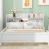 Wood Full Size Platform Bed with Built-in LED Light, Storage Headboard and Guardrail, White