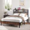 Full size bed frame, wooden platform bed frame, bedside with soft package and 2 USBs, no noise, no need for spring mattress and simple assembly tools, large bed bottom storage space, brown
