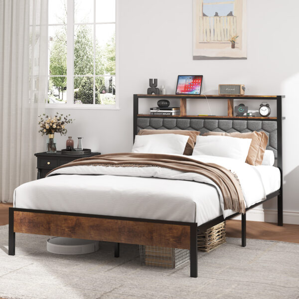 7e75925e7c0c4dbc8baa805651905865_6bf9e516c302c54e0873f13fa24b9537 Full size bed frame, wooden platform bed frame, bedside with soft package and 2 USBs, no noise, no need for spring mattress and simple assembly tools, large bed bottom storage space, brown