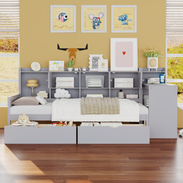 Twin Size Daybed with Storage 3 Cabinets and 2 Drawers, Wooden L-Shape Daybed Frame with Study Desk and Built-in Bookshelf, Multi-functional Bed for Bedroom Guest Room,Gray