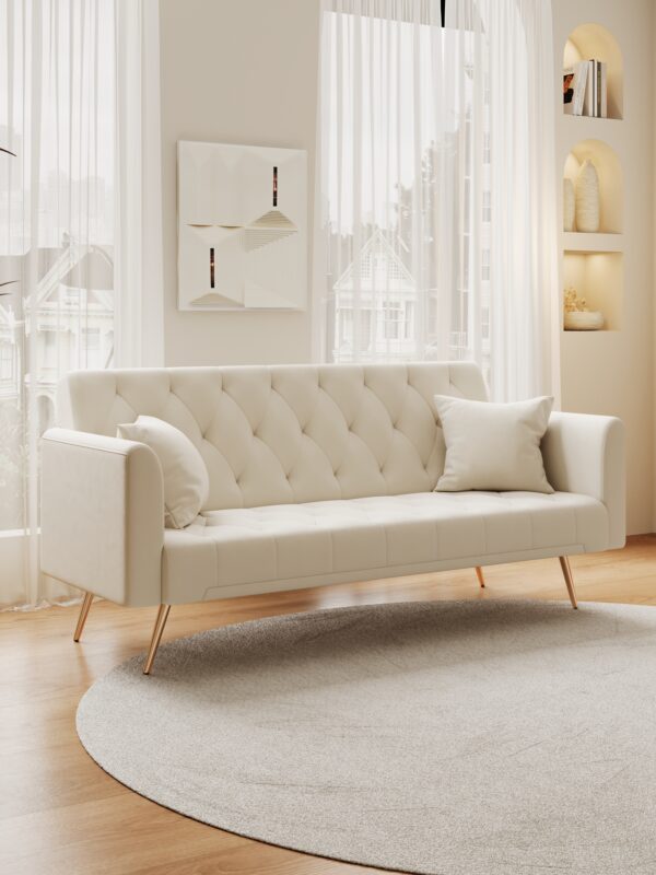71 inch convertible love seat sofa, American retro beige velvet, suitable for small living room, bedroom, office