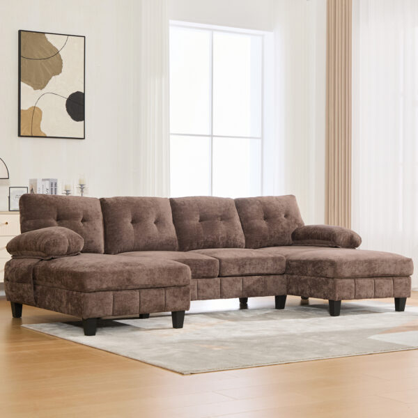 U-shaped Sectional Sofa 103.5" Chenille Fabric Couch with Dual Chaise Lounges, Storage Pockets and Armrest Pillows for Living Room, Brown