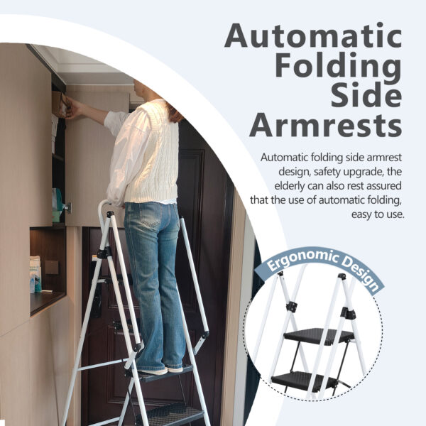 7f0e359745f845f8b5ee646f7c3352f9_27bb112e90a6e1ee7d44f76563be3e82 White four-step ladder, light folding four-step stool, wide anti-skid pedal and safety handle, strong steel ladder, multi-purpose ladder, applicable to family, kitchen, office elevator