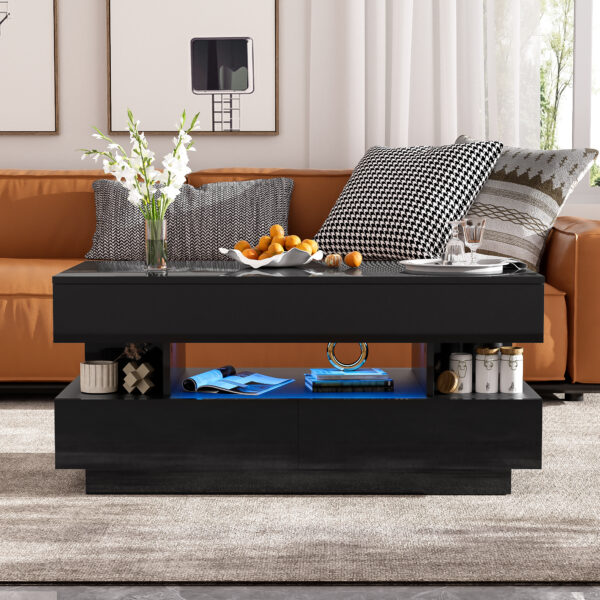 U-Can Lift-Top Coffee Table with 2 Drawers, Modern Coffee Table with Adequate Hidden Compartment, Multi-Functional Lift-Top Coffee Table with High-Gloss Finish for Living Room