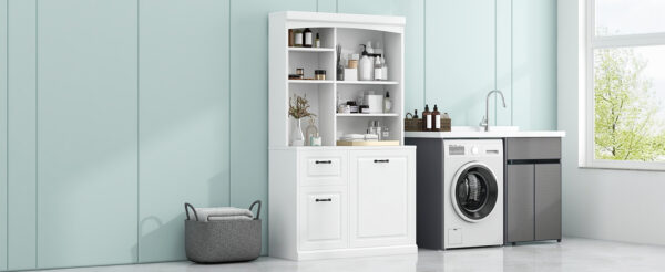 Bathroom Storage Cabinet with Tilt-Out Hamper, 70.9'' Tall Free Standing Organizer with Drawers & Adjustable Shelves, MDF Linen Tower with Steel Handles, White Finish