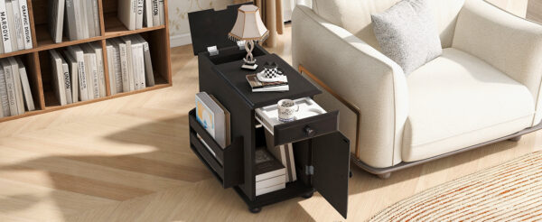U-Can Vintage End Table Flip Top Side Table with USB Ports, One Multifunctional Drawer with cup holders, Sofa Couch Table with Bookshelf for Living room and Small Space