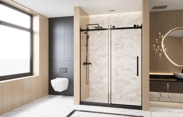 814239b4a01d4aec8d42c3dccd1769ee_ecf32270ef1c0d5b9e29bf93cede6c33 Frameless Single sliding shower door 60 "W x 76" H, 1/4 "(6 mm) Clear Tempered Glass, Explosion Proof Film, Stainless Steel Handle Square Tube Track ,Matte Black