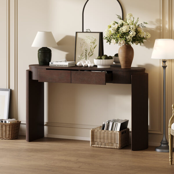 TREXM Entryway Table with Natural Wood Grain Finish, Console Table with Fluted Design, Oval Top and 2 Drawers for Entryway and Living Room (Espresso)