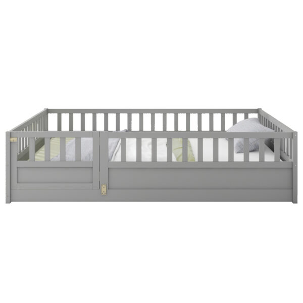 Full size  Floor bed, integral construction with super high security barrier, door, children's floor bed frame, Montessori wooden children's floor bed, Support slat Grey
