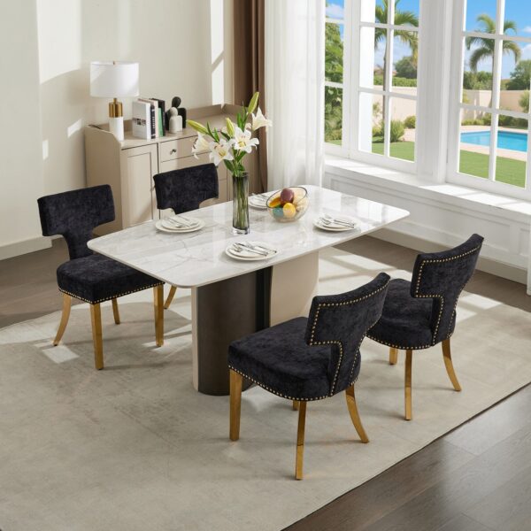 Mid Century Modern Dining Chairs Set of 2, Farmhouse Chenille Fabric Upholstered Accent Chair Curved Backrest with Copper Nails around,Kitchen Chairs with Golden Stainless Steel Plating Legs, Black