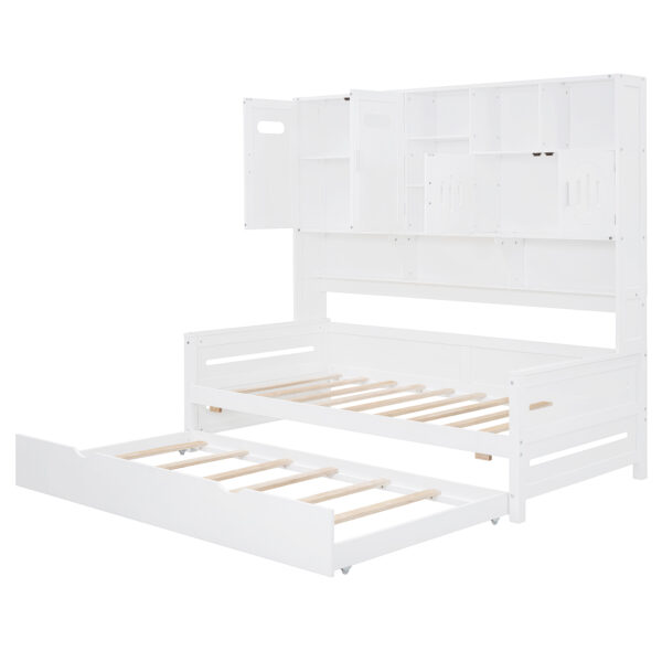 Twin Size Wooden Daybed With Twin Size Trundle, and All-in-One Cabinet and Shelf, White
