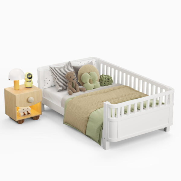 Twin Size Wood Platform Bed for Kids, Wood Low Profile Twin Bed with Rails for Girls and Boys, White (Patented Design)