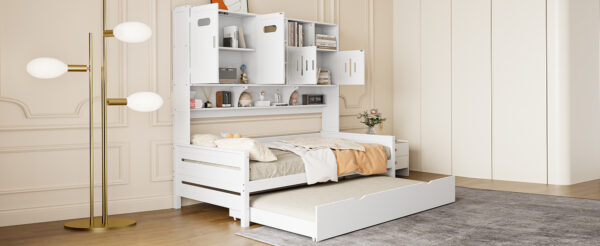 Twin Size Wooden Daybed With Twin Size Trundle, and All-in-One Cabinet and Shelf, White