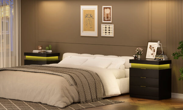 Nightstand with Charging Station and LED Lights,Night Stand with Sliding Top for Bedroom,Bedside Table with Drawers,Modern End Side Table,Black.28.8''W x 17''D x 30.5''H.