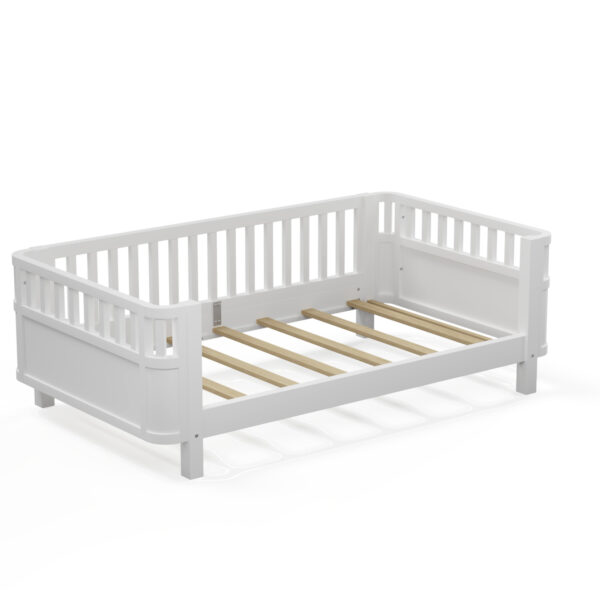 Twin Size Wood Platform Bed for Kids, Wood Low Profile Twin Bed with Rails for Girls and Boys, White (Patented Design)