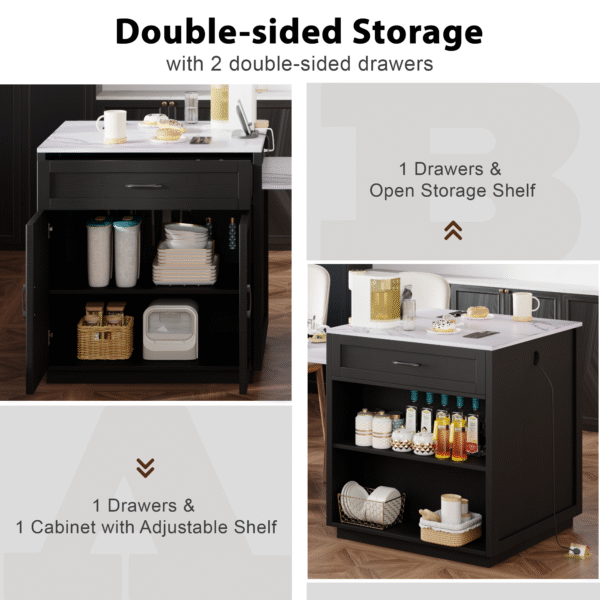 K&K 82.7 inch Kitchen Island with Extendable Dining Table for 4-6 Person,Faux Mable Kitchen Table with Double-sized Storage,Power Outlet,Kitchen island with Storage 2 Drawers 2 Side Open Shelves,Black