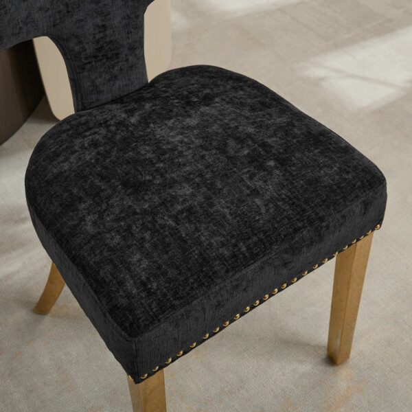 Mid Century Modern Dining Chairs Set of 2, Farmhouse Chenille Fabric Upholstered Accent Chair Curved Backrest with Copper Nails around,Kitchen Chairs with Golden Stainless Steel Plating Legs, Black