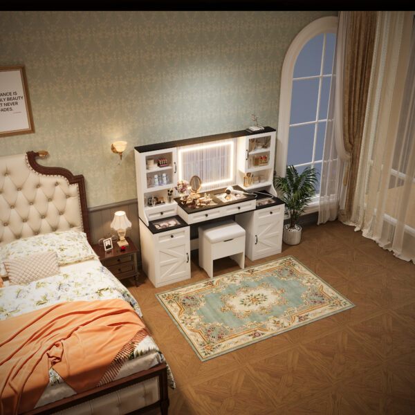 85e48c60e21641bcab30242aef5c2afe_21a4c639f25802791eee3400d81ceeae 61.5" Farmhouse Vanity Desk with Mirror and LED Lights, Dressing Table with 5 Drawers and 4 Cabinets, Makeup Vanity Table Set with Glass Visual Desktop and Cushion Stool, for Bedroom