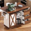 K&K 55.5" Farmhouse Kitchen Island with Drop Leaf, Kitchen Storage Island with Barn Door, Power Outlet, Rolling Kitchen Cart on Wheels with Spice Rack, for Home, Kitchen, Dining Room, White