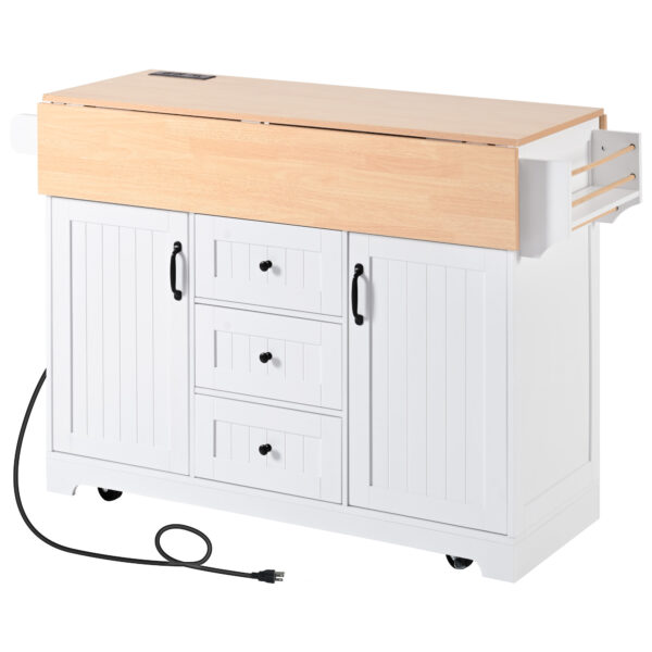K&K 55.7'' Large Kitchen Island with 2 Drop Leaf,, Rolling Kitchen Cart on 5 Wheels with Power Outlet, Folding Storage Dining Table with Spice & Towel Rack , 3 Drawers, for Kitchen, Dining Room,White