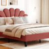 Queen Size Upholstered Platform Bed with Flower Pattern Velvet Headboard, Bean Paste Red