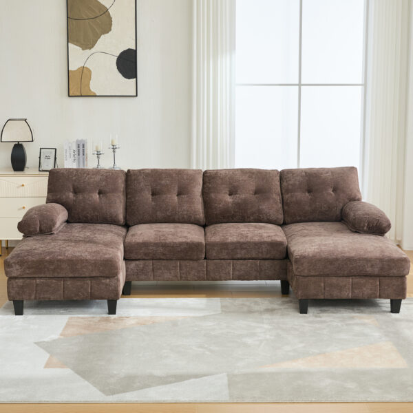 U-shaped Sectional Sofa 103.5" Chenille Fabric Couch with Dual Chaise Lounges, Storage Pockets and Armrest Pillows for Living Room, Brown