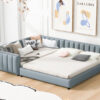 Queen Size & Twin XL Size Upholstered Platform Bed, Mother & Child Bed, PU Leather, Gray