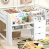 Full Size Low Loft Bed with Built-in Desk,Storage Cabinets and Open Bookcase,Whiteboard for Graffiti,White(ETA:7/8)