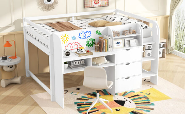Full Size Low Loft Bed with Built-in Desk,Storage Cabinets and Open Bookcase,Whiteboard for Graffiti,White(ETA:7/8)