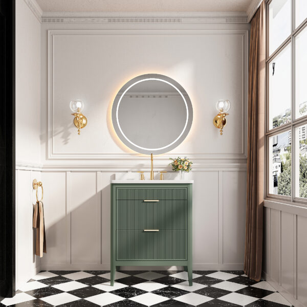 Fully Assembled 30''  Green Freestanding Single Sink Bathroom Vanity with Solid Wood Construction and Engineered Marble Top