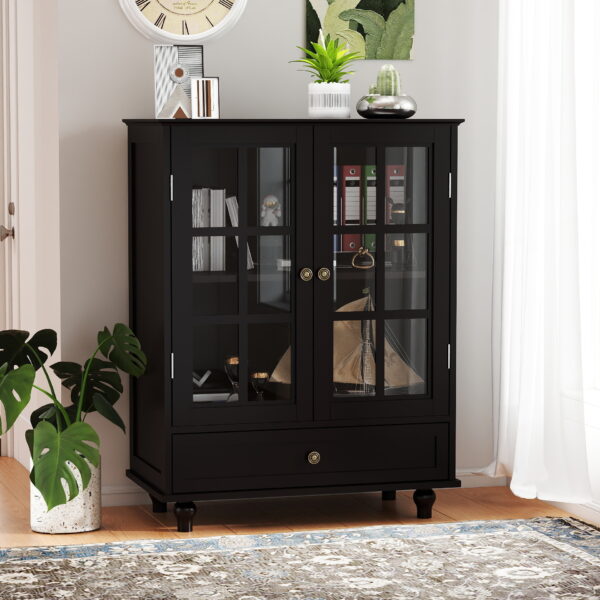 Minimalist Black Buffet Cabinet with Double Glass Doors and Drawer, Modern Wooden Storage Sideboard Cupboard for Living room, Dining Room Hallway Entryway(Black)