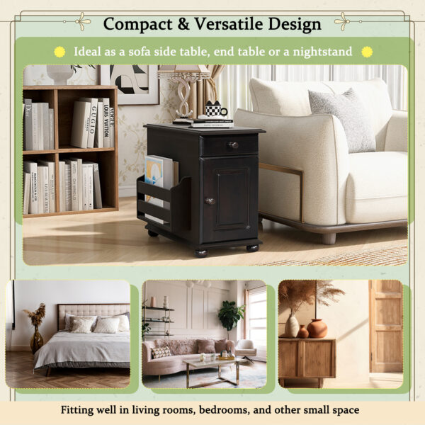 U-Can Vintage End Table Flip Top Side Table with USB Ports, One Multifunctional Drawer with cup holders, Sofa Couch Table with Bookshelf for Living room and Small Space