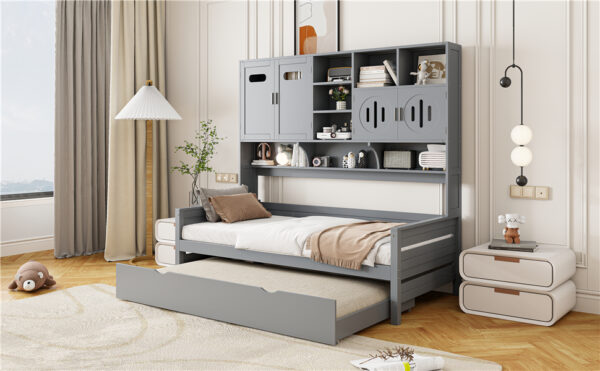 Twin Size Wooden Daybed With Twin Size Trundle, and All-in-One Cabinet and Shelf, Gray