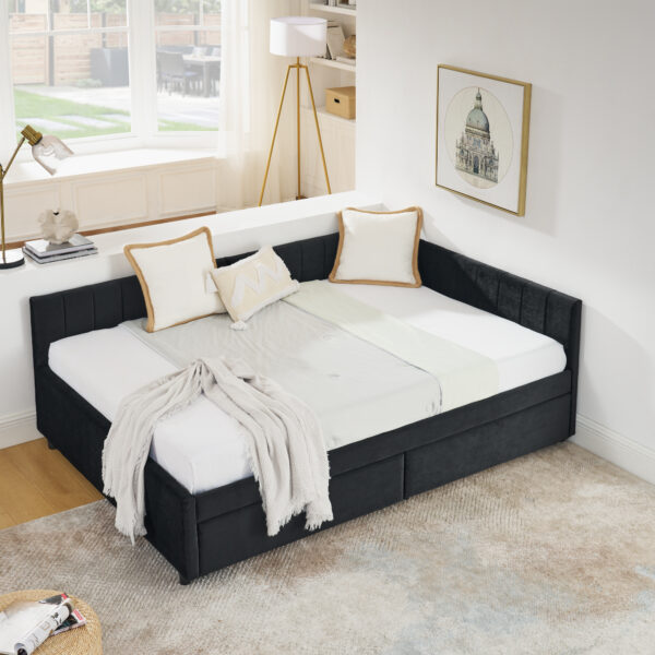 8851225dd6c7475792655ea7732ab1e8_3c8db358879b49441ac0613b3a01c151 Full Size Upholstered Tufted Bed Frame with Two Drawers, Sofa Bed Frame with Comfortable Backrest and Armrests, Velvet, Black(79.5''x58''x25'')