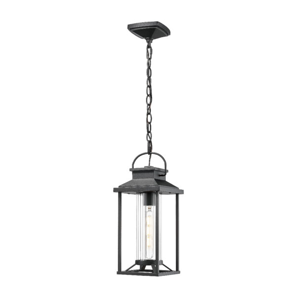 Outdoor Pendant Lights for Porch, Black Exterior Chandelier for Gazebo, Modern Outside Hanging Lanterns Outdoor Ceiling Light Fixture with Ribbed Glass for House Patio, Anti-Rust Waterproof (1 pack)